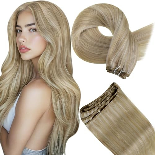 Hetto Tressen Extensions Echthaar 100g 45 cm Weft Extensions Echthaar Highlights Mittel Blond to Goldene Blond Sew in Remy Gerade Invisible Doppelt-Tressen Weave Haarverlängerung #17/23