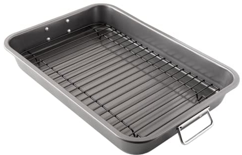 Chef Pomodoro Sartén Grande Antiadherente de Acero Al Carbono Con Estante Para Asar Pavo, Plana Para Horno y Utensilios