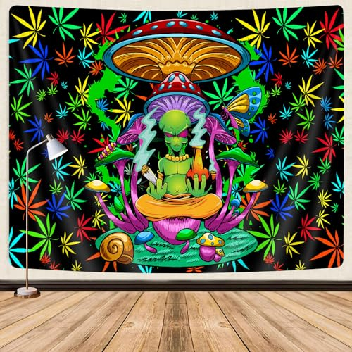 Trippy Weed Cooler Alien-Wandteppich für Herren, lustiger Alien-Psychedelischer Pilz-Wandteppich, Cannabis-Marihuana-Blatt, Hippie-Boho-Wandteppich für Schlafzimmer, 152x101 cm