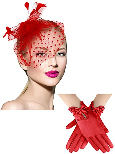 Geyoga Fascinator-Hut für Damen, 50er-Jahre-Fascinator-Hut für Beerdigung, Schleier, Pillbox, Cocktail, Teeparty, Kopfbedeckung und Spitzenhandschuh, Rot/Ausflug, einfarbig (Getaway Solids), Medium