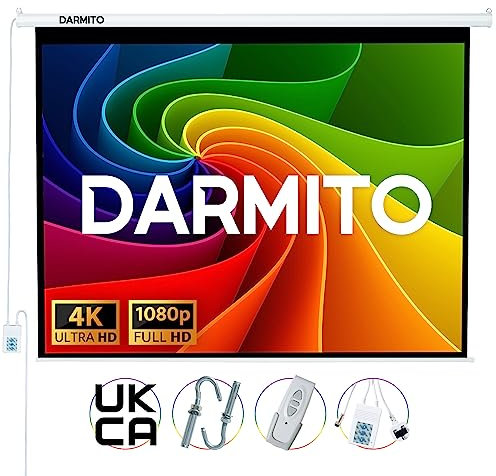 Darmito 120 4:3 Electric Motorised Projector Screen, Full HD 3D 4K 8K Matt White +1.2 Gain, with Remote Control, 16:9 Ratio Supported, For Meeting School Home Cinema Theater Movie TV DVD Indoor