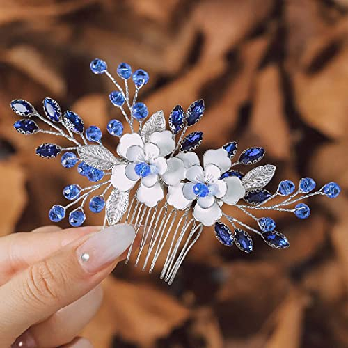 IYOU Blume Hochzeit Haarkamm Blau Kristall Braut Haarschmuck Barock Abschlussball Braut Haarstücke für Frauen