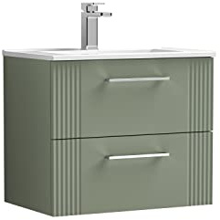 nuie DPF893B Deco Modern Bathroom Wall Hung 2 Drawer Part Fluted Vanity Basin Unit with Minimalist Ceramic Basin, 600mm, Satin Green