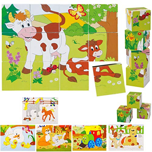 Holz - Bilderwürfel/Würfelpuzzle - Tiere - Eisenbahn & Jahreszeiten - Puzzle 12 Teile/Bausteine - mit Vorlagen - für Baby Kinder/Mädchen Jungen - Holzpu..