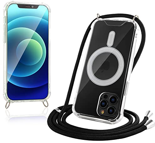 JProtect für iPhone 12 Pro Hülle mit Band und MagSafe – Magnetische Handykette für iPhone 12 Pro Magnet – Durchsichtige Umhängehülle Band Schwarz – Kette Handyhülle für MagSafe Zubehör
