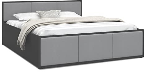 FurnitureByJDM Bett 180x200 mit Stauraum & Gepolsterte Einsätze – Doppelbett mit Bettkasten und aufklappbarem Lattenrost – Stauraumbett mit Liftfunktion - Panama (Grau/Graue Einsätze)