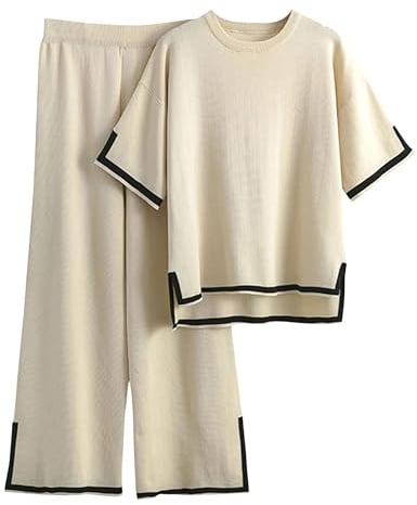 Tanming Sweater Sets Women 2 Piece Lounge Sets Short Sleeve Knit Pullover Tops Wide Leg Pants (Apricot-L)