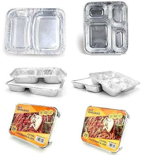 HOT BARGAINS 2-Compartment Aluminium Foil Containers 25 Pack with Lids, Food Service Trays