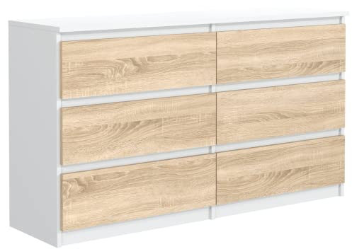 meble masztalerz Kommode mit 6 Schubladen 120 cm, Sideboard Wohnzimmer, Kommode Schlafzimmer H: 78,5cm, B: 120 cm, T: 39 cm, Kommode mit Schubladen, Schubladenschrank (Weiß Sonoma)