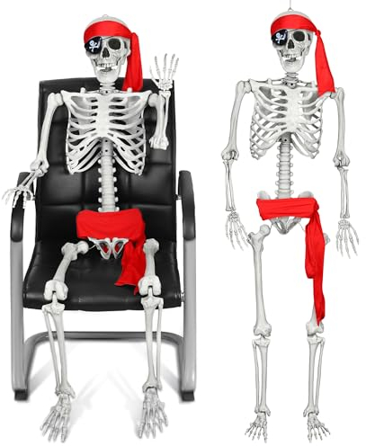 Fovths 5.4Ft/165cm Vormontierte Halloween Skelett Dekoration Lebensgroßes Skelett Ganzkörper Beweglicher menschlicher Knochen mit beweglichen Gelenken Stirnband Gürtel Augenklappe für Halloween