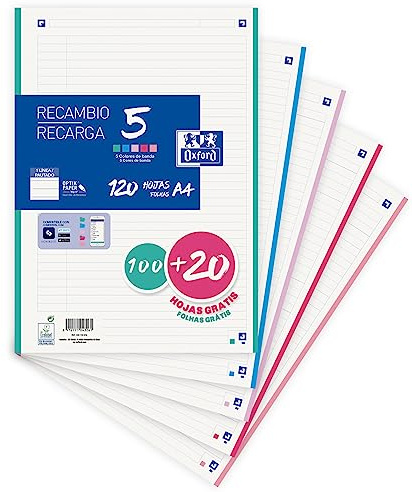 Oxford, Feuilles rayées A4 perforées de rechange 1 ligne, 120 feuilles, 4 perceuses, 5 bandes pastel