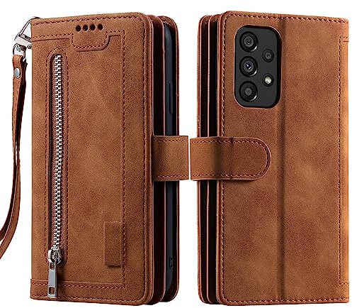 VEEMOS Wallet Case for Samsung Galaxy A23 5G / A23 Flip Case Leather Folio Protective Phone Cover with Kickstand Card Slots Zipper Pocket - Brown