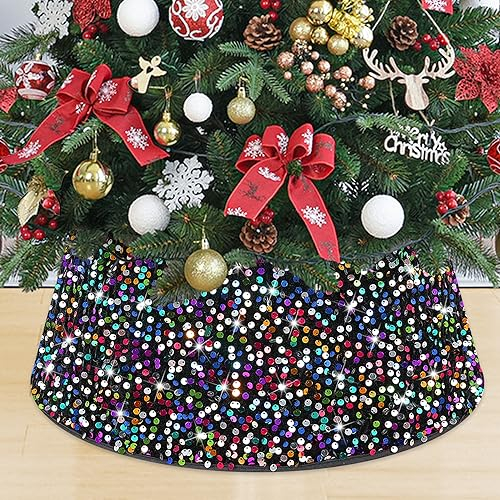 MODFUNS Weihnachtsbaum-Halsband, bunte Pailletten, Weihnachtsbaumringe, 61 cm, funkelnder Samt, Baumrock, Kragen, Regenbogen-Paillette, Weihnachtsbaumbasis, Glitzer, Baumkastenständer für Weihnachten,