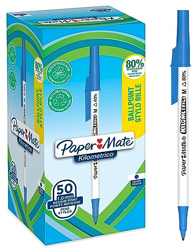PAPER MATE Kilometrico Kugelschreiber | lange Schreibdauer mit mittlerer Spitze (1,0 mm) | blaue Tinte | 80% recyceltes Plastik | 50 Stück