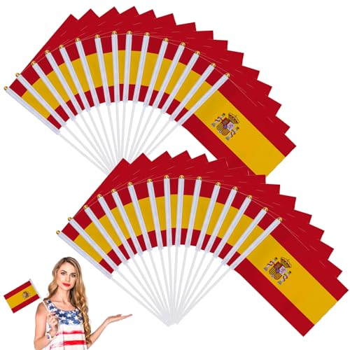 Spanien-Flagge,Spanische Mini-Flagge,kleine Handwinkende Flaggen,Spanische Nationalflaggen,Spanien kleine Tischflaggen Flagge,Spanische Flaggen auf Stäben für Weltmeisterschaft,14 x 21 cm,30 Stück