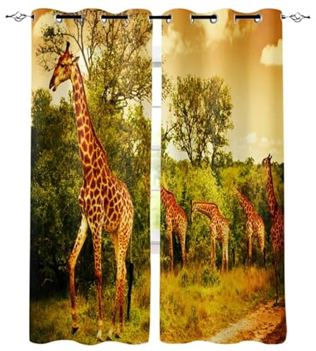 MATUDA Afrika Giraffe Grasland Sonnenuntergang Verdunkelungsvorhänge Fenstervorhänge Für Schlafzimmer Wohnzimmer Dekor Fensterbehandlungen 150 * 166Cm