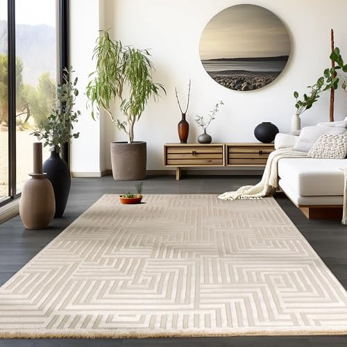 HomebyHome Kurzflor Teppich Wohnzimmer Beige 3D Skandinavisch Stil Modern Teppich Groß 280 x 370 cm - Waschbarer Schlafzimmer Küchenteppich Geometrisch Design Weicher Wohnzimmerteppich