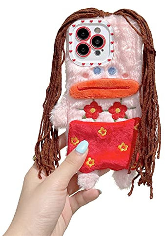 Kompatibel mit iPhone 15 Hülle Süße Cartoon Plüsch Zöpfe Monster Handyhülle, Weich Pelzig Flauschige Warm Schutzhülle für Frauen Mädchen, Stoßfest Faux Pelz Case für Red iPhone 15