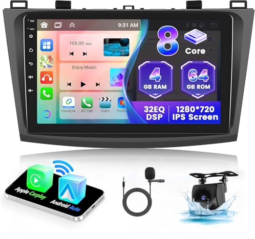 Hikity CarPlay e Android Auto Wireless Android 15 Autoradio 2 DIN per Mazda 3 2009-2013, 8-Core 4+64GB, 9 IPS Touchscreen Stereo Auto con WiFi GPS BT 5.0 59UI FM RDS Mic SWC Retrocamera