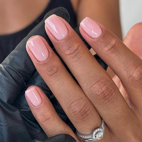 MouyouGlow Press on Nails Kurz,Squoval Nude Rosa Jelly Einfarbige Glossy Fake Nails Kunstnägel mit Nagelkleber,Natürliche Pink Clean Girl Künstliche Fingernägel …