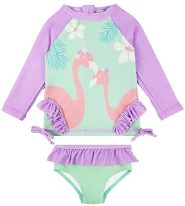weVSwe Baby Badeanzug Mädchen Schwimmanzug Sets UV 50 Zweiteiler Langarm schutzkleidung Baby Rüschen Badeanzug Lila Flamingo Neugeborene 0-6 Monate