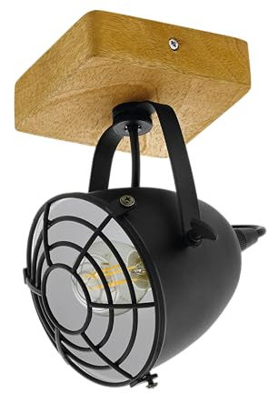 EGLO Deckenlampe Gatebeck, Deckenleuchte Vintage, Industrial, Retro, Deckenstrahler aus Stahl in Schwarz und Holz in Natur, Wohnzimmerlampe, E14 Fassung, FSC zertifiziert