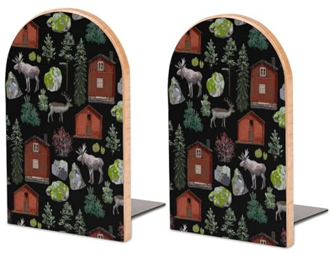 Buchstützen aus Holz, Motiv: Hütte, Rentiere, Elch, Landhaus, Buchstützen, für Regale, rutschfest, stabil, dekorative Buchhalter für Bücher, CDs