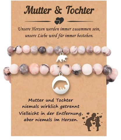 Presentimental Bracelet Mère et Fille Cadeau Maman Cadeau d'école pour Filles Fils élastique pour Femme Bracelet de Perles Roses (ours)
