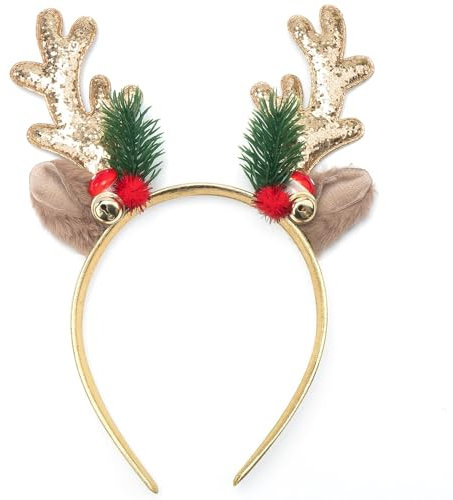 IHLOOTD Haarreif Weihnachten, Rentier Haarreif Glitzer Weihnachts Haarschmuck Christmas Kopfschmuck für Damen Mädchen, Weihnachtsfeier, Cosplay, Masquerade (Gold)