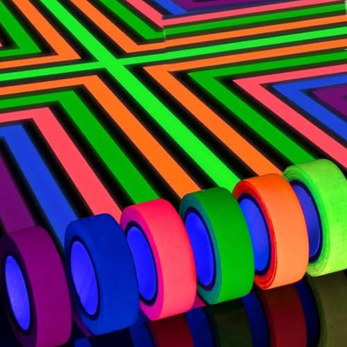 KARLOR Cinta adhesiva de neón, paquete de 6 cintas adhesivas UV con luz negra brillante, decoración de fiesta, cinta adhesiva fluorescente, cinta adhesiva fluorescente de tela colorida de neón,