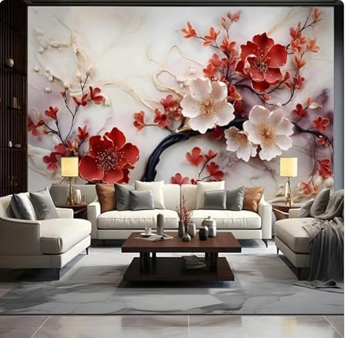 pdghsdkgjh Papier peint 3D fleurs de prune rouge peinture murale pour salon, arrière-plan TV, décoration d'intérieur, 3D, 430 x 300 cm