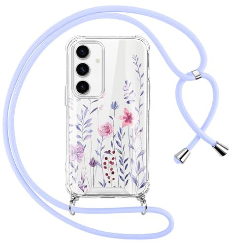 Oelrstfe Coque pour Samsung Galaxy S24 avec Cordon de Collier,Transparent Paillette Fleurs Motif Silicone Étui Housse,Aesthetic Glitter Antichoc Lanyard Bandoulière Case pour Samsung S24,Bleu