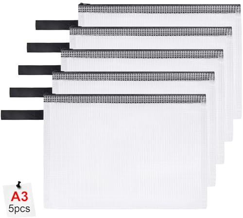 OFFCUP Dokumententasche mit Reißverschluss A3, 5 Stücke Reißverschlusstaschen, Wasserdichte Datei Zipper Tasche, Kunststoff Datei Taschen für Dokument, Papier, Kosmetik
