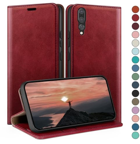 HUOUH für Huawei P20 Pro Hülle mit RFID Schutzhülle aus Lederhülle Handyhülle,Kartenfach Leder ständer Handy hülle,360 Grad Schutz Cover für Huawei P20 Pro Klapphülle Wallet Case Rot
