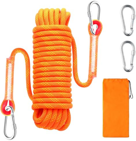 10mm Kletterseil, Outdoor-Sicherheitsseil, Nylon Seil Statisches Kletterseil Rettungsseil Feuerrettungs-Fallschirm-Seil mit 2 Karabinern für Arbeiten in der Höhe/Feuerleiter/Abseilen/Sport, Orange