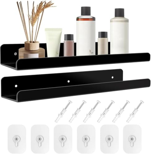 Wandregal,2 Stück 30X10X4cm/Acryl Regal Set,Acryl Wandregal Transparent, Küchenregal Wand Ohne Bohren,Schweberegal für Schlafzimmer/Kinderzimmer/Wohnzimmer/Bad/Küche Lagerung & Organisation (black)