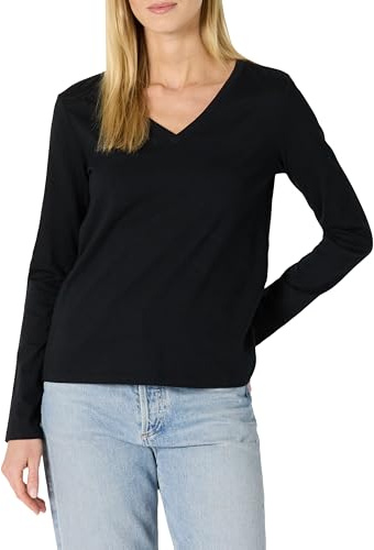 Amazon Essentials Women's 100% Cotton Regular-Fit Long-Sleeve V-Neck T-Shirt, Black, M