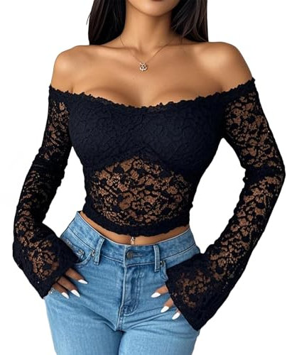 UoQo Women’s Off Shoulder Lace Tops Sexy Floral Lace Crop Tops with Long Flare Sleeve Slim Fit for Party Casual Going Out Y2k Outfit (UK, Alpha, S, Regular, Regular, Black)