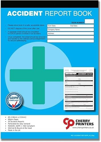 Cherry GDPR-konformes Unfallberichtsbuch, A5, 50 Unfallformulare, RIDDOR- und HSE-konform, perforiert für einfaches Entfernen, 80 g/m²-Papier, genäht am Kopf, hergestellt in Großbritannien, 2 Stück