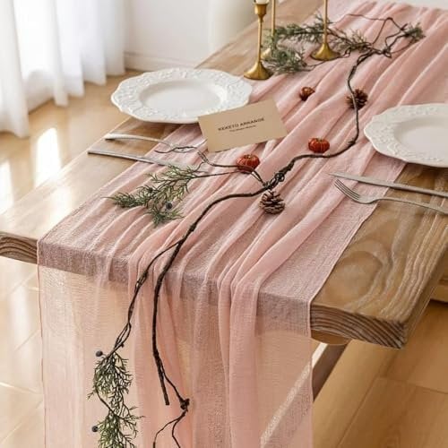 FOLAI Boho Tischläufer aus Käsetuch Table Runner Table Cloth – Rustikale Hochzeitstischdeko für Brautdusche, Geburtstag & Feiern (90x300cm) – Öko-Baumwolle & Wiederverwendbar（ Rosa ）
