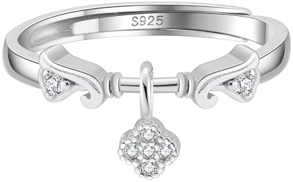 SILBERTALE Verstellbare Silberringe Damen 925 – Zirkonia Ring mit Charm Anhänger Schleife/Kleeblatt/Kreuz, Sterling Silber Ring in Gold & Silber