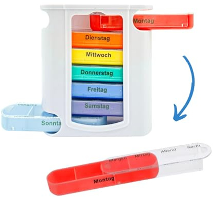 Tablettenbox Pillendose Pillenbox – 7 Tage, 4 Fächer – weiß, bunt | Morgens, Mittags, Abends, Nachts – Aufbewahrung, Senioren – Medikamente, Vitamine, Nahrungsergänzung – Seaside No.64