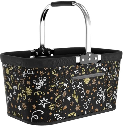 Yeabett 30L Stabiler Einkaufskorb Faltbar mit Stützstäben, Großer Tragekorb für Weihnachten, Reisen & Picknick mit Gepolsterten Griffen, Einkaufen, Geschenke(Schwarz mit Weihnachtsdruck)