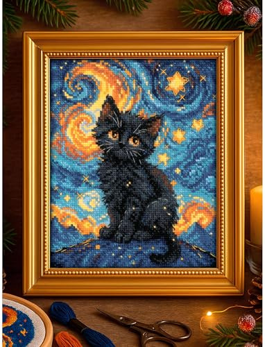 RIOLIS 2288 Sternenkatze Zählmuster-Kreuzstich-Set 15.2 x 17.8 cm | Katzen Motiv, 14 ct weiß Zweigart Aida, 14 Wolle/Acryl Farben, Anfänger bis Mittelstufe, Stickvorlage & Nadel inklusive