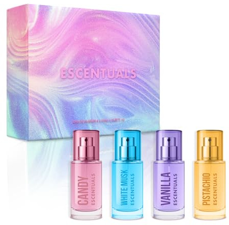 Escentuals Mini Perfume for Women Gift Set (4 x 25ml) – White Musk, Candy, Vanilla, Pistachio – Sweet, Floral & Gourmand Eau de Parfums – Vegan, Cruelty-Free & Travel-Friendly – Lasts up to 6 Hours
