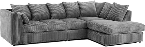 Modular 3+2 Settee Set - Elegant 4 To 5 Seater L Shape Left & Right Hand Corner Sofa - Comfy jumbo cord Scatter Back Sofas - Swivel Round Cuddle Chair for Living Room (Grey, RH 5 Seater)