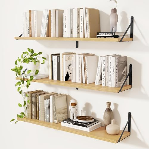 Feihorrm 3er Set Bücherregal, Wandregal Eiche, Regal 90cm Breit, Regal Wand | Wandregal Holz, Bücherregal Wand, Regale für Wände, Bücherregal Holz für Wohnzimmer, Schlafzimmer & Arbeitszimmer