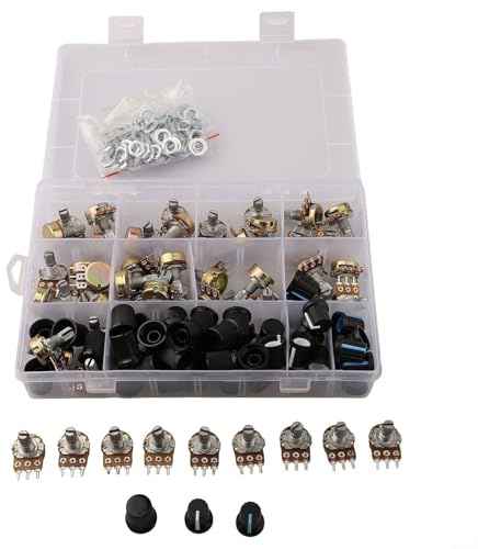 100PCS Drehpotentiometer Sortiment Kit mit 9 Widerstandswerten (B1K bis 1M Ohm) für Audiogeräte und Gitarren-Lautstärkeregler, inkl