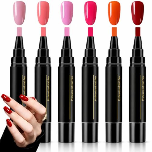 6PCS Gel Nail Polish Pens, 3-in-1 Self-Made Nail Varnish Set, No Base Coat Required, Quick Dry Under LED Lamp in 1 Minute, 6 Colors, DIY Manicure Kit for Home Salon