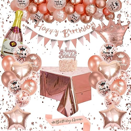 Omrel Rose Gold Birthday Decoration For Women/Girls, Party Decorations Set With Rose Gold Balloons, Table Cloth, Happy Birthday Banner, Champagne Balloon